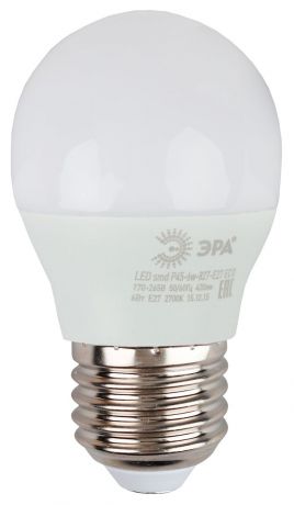 Лампа светодиодная ЭРА "Eco", цоколь E27, 6W, 2700K. Р45-6w-827-E27_eco