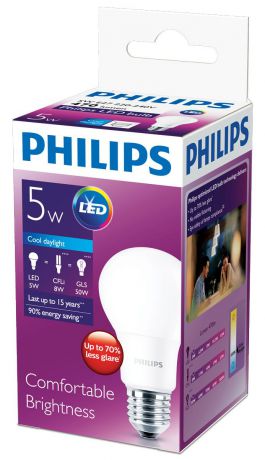 Лампа светодиодная Philips "Premium", цоколь E27, 5W, 6500К