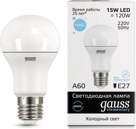 Лампа светодиодная Gauss "LED Elementary", A60, 15W, E27, 6500K, 1/10/50
