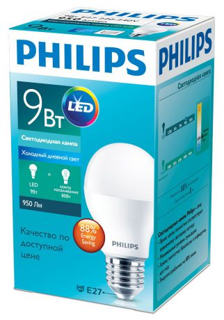 Лампа светодиодная Philips "Essential", цоколь E27, 9W, 6500К, 950 Лм