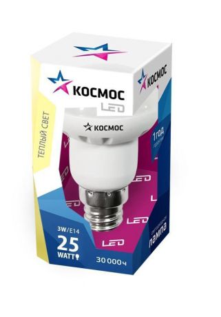 Светодиодная лампа Kosmos, теплый свет, цоколь E14, 3W, 220V Lksm LED3wR39E1430
