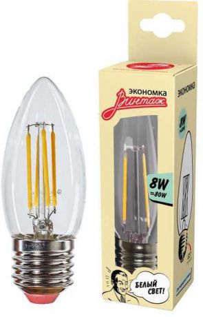 Лампа светодиодная LED "Экономка" Филамент, свеча, 8Вт, 160-260В, E27, 720лм, 4500К, EcoLedFL8wCNE2745