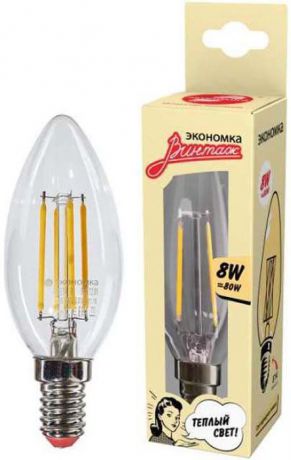 Лампа светодиодная LED "Экономка" Филамент, свеча, 8Вт, 160-260В, E14, 720лм, 2700К, EcoLedFL8wCNE1427