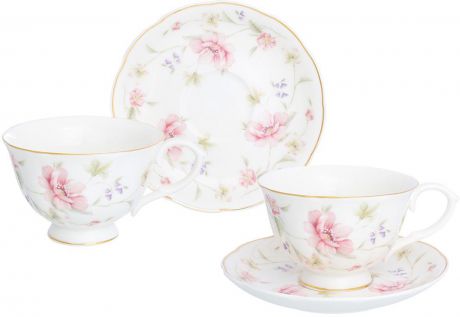 Чайная пара Elan Gallery "Диана", 2 чашки и 2 блюдца, цвет: белый, розовый, 250 мл, 4 предмета