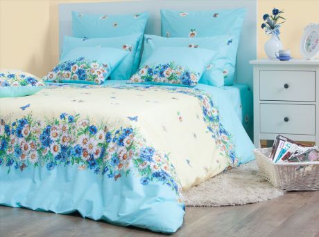 Комплект постельного белья Хлопковый Край "Камилла", евро, наволочки 50x70, 70x70, цвет: голубой