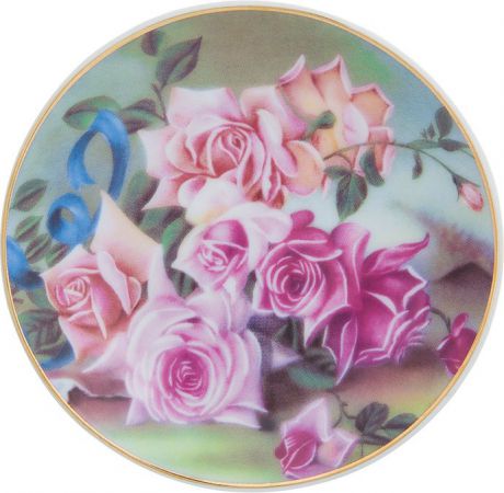 Тарелка декоративная Elan Gallery "Розы", с подставкой, цвет: темно-зеленый, диаметр 10 см