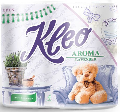Туалетная бумага Kleo Aroma Lavender, ароматизированная, трехслойная, 4 рулона