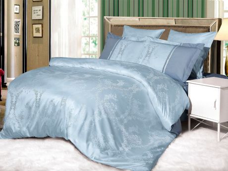 Комплект постельного белья Cleo "Сатин-Жаккард Шарлотта", 21/083-SG, 2-х спальный, наволочки 50х70+5 см, 70х70, голубой
