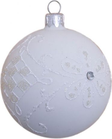 Ёлочное украшение Клавдиево "Узор Сетка в ромбе белым на белом", шар 85 мм