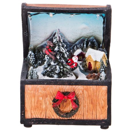 Фигурка декоративная Lefard "Рождественский сундук с подарками" с музыкой и подсветкой, 868-104, голубой, оранжевый, 11 х 10 х 13.2 см