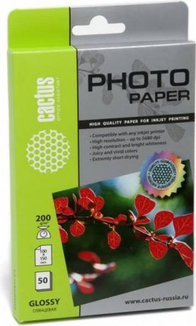 Фотобумага Cactus глянцевая, 200г/м2, CS-GA620050E, для струйной печати, белый, 10 х 15 см, 50 листов