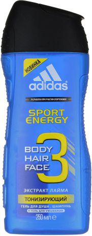 Adidas Гель для душа, шампунь и гель для умывания "Body-Hair-Face Sport Energy", мужской, 250 мл