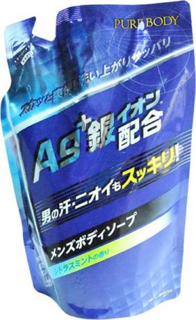 Mitsuei Pure Body Дезодорирующий мужской гель для душа с микрочастицами серебра, с ароматом цитруса и мяты, 400 мл, мягкая упаковка