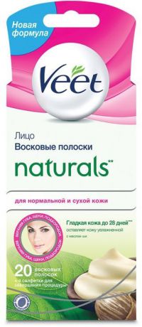 Veet Восковые полоски Naturals с маслом ши для чувствительных участков тела (лицо) Easy Gel-Wax, 20 шт