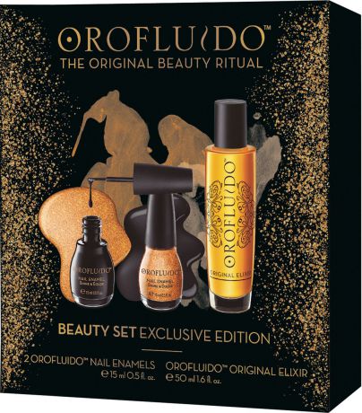 Подарочный набор Orofluido Beauty Set Exclusive Edition: Эликсир Elixir 50 мл, Лак для ногтей в цвет Dark Night 15 мл, Лак для ногтей Золотой блеск, 15 мл