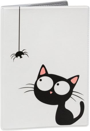Обложка для паспорта Mitya Veselkov "Кошка и паучок", цвет: черный, белый. OZAM430