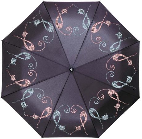 Зонт женский Flioraj "Под звуки вальса кошки", полуавтомат, 3 сложения, цвет: черный. 100123 FJ