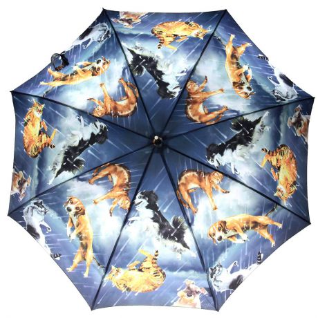 Зонт-трость Flioraj "Коты и собачки", полуавтомат, синий, оранжевый