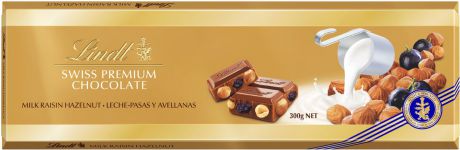 Lindt Gold молочный шоколад с изюмом и цельным фундуком, 300 г