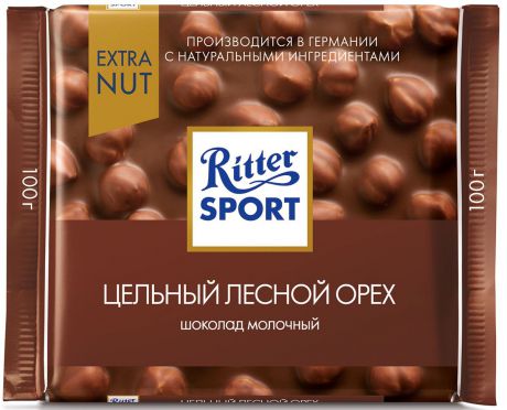 Ritter Sport "Цельный лесной орех" Шоколад молочный с цельным обжаренным орехом лещины, 100 г