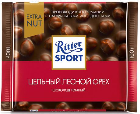 Ritter Sport "Цельный лесной орех" Шоколад темный с цельным обжаренным орехом лещины, 100 г