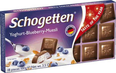Schogetten Альпийский молочный шоколад с начинкой из обезжиренного йогурта, черники и мюсли, 100 г