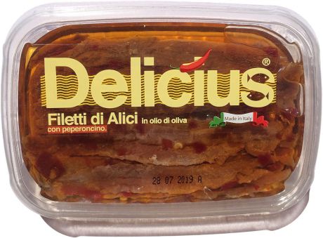 Анчоусы европейские Delicius, филе, с перцем, в оливковом масле (37%), 60 г