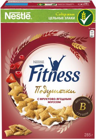 Nestle Fitness "Мультизлаковые подушечки с фруктово-ягодным муссом" готовый завтрак, 285 г