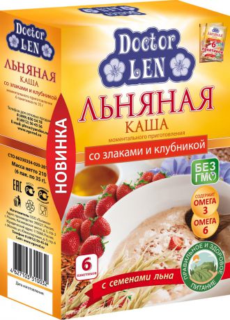 Каша быстрого приготовления Doctor Len, со злаками и клубникой, 6 пакетиков х 35 г