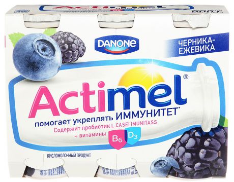 Актимель Продукт кисломолочный, Черника-ежевика 2,5%, 6 шт по 100 г