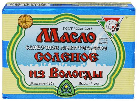 Из Вологды Масло сливочное Любительское, 80%, соленое, 180 г