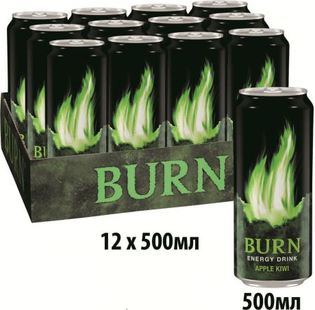 Burn Apple Kiwi энергетический напиток, 12 штук по 0.5 л