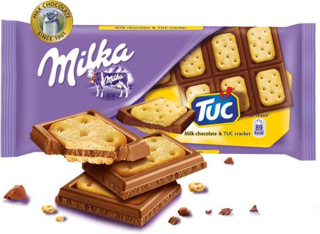 Milka шоколад молочный с соленым крекером Tuc, 87 г