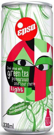 Epsa Зеленый Чай с Гранатом, Вишней и Стевией напиток негазированный без сахара, 0,33 л