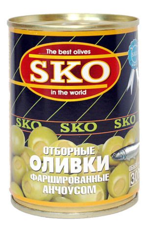 Овощные консервы SKO Отборные оливки, фаршированные анчоусом, 300 мл