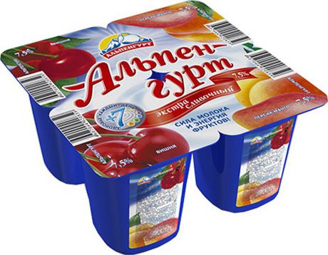 Продукт йогуртный Альпенгурт "Экстра Сливочный" пастеризованный, вишня, персик-манго, 7,5%, 4 шт по 100 г