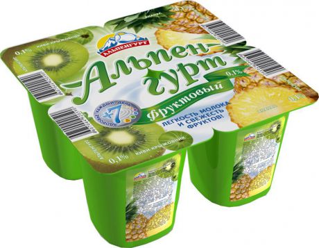 Продукт йогуртный Альпенгурт "Фруктовый" пастеризованный, киви-крыжовник, ананас, 0,1%, 4 шт по 100 г