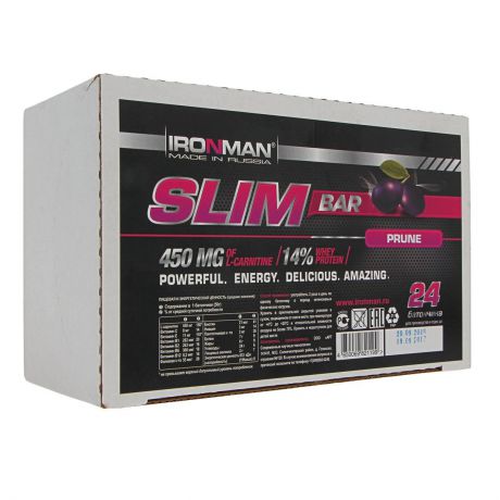 Батончик энергетический Ironman "Slim Bar", с L-карнитином, чернослив, темная глазурь, 50 г х 24 шт