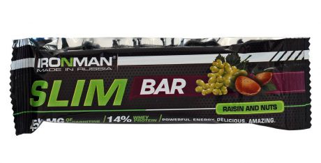 Батончик энергетический Ironman "Slim Bar", с L-карнитином, изюм-орех, темная глазурь, 50 г
