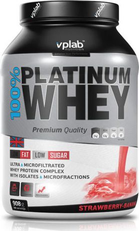 Протеин Vplab "100% Platinum Whey", клубника-банан, 908 г