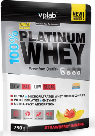 Протеин Vplab "100% Platinum Whey", клубника-банан, 750 г