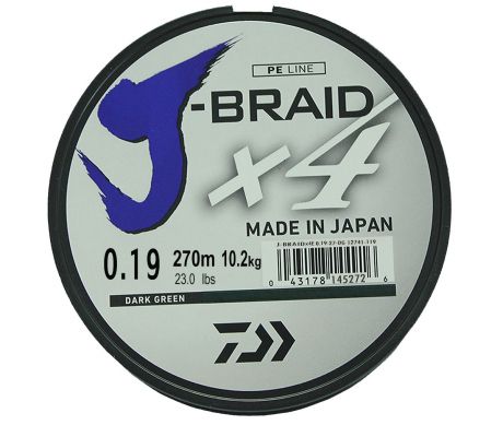 Леска плетеная Daiwa "J-Braid X4", цвет: зеленый, 270 м, 0,19 мм