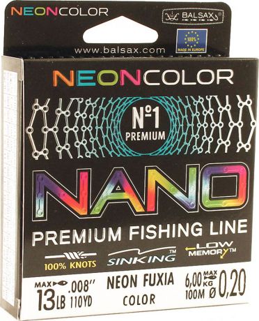 Леска Balsax Nano Neon Fuxia, 100 м, 0,20 мм, 6,0 кг