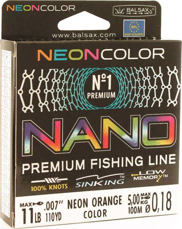 Леска Balsax Nano Neon Orange, 100 м, 0,18 мм, 5,0 кг
