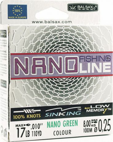 Леска Balsax Nano Fishing Green, 100 м, 0,25 мм, 8,0 кг