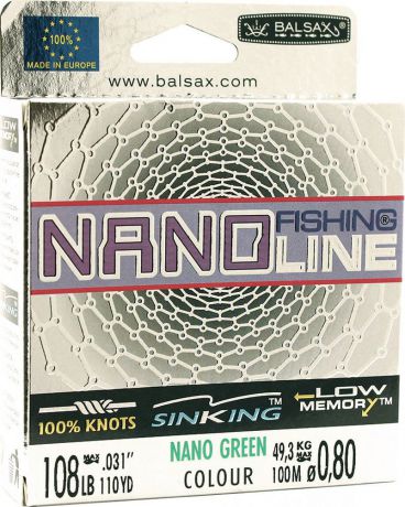 Леска Balsax Nano Fishing Green, 100 м, 0,80 мм, 49,3 кг