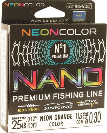 Леска Balsax Nano Neon Orange, 100 м, 0,30 мм, 11,5 кг