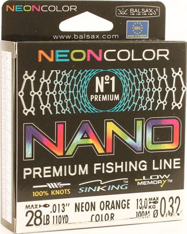 Леска Balsax Nano Neon Orange, 100 м, 0,32 мм, 13,0 кг