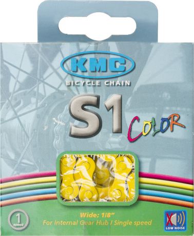 Цепь велосипедная KMC S1 Color, 1ск, 1/2"x1/8", 112 звеньев, 8,6 мм, с замком, желтый