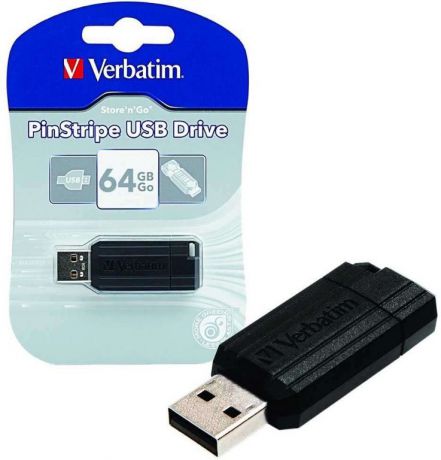 USB-накопитель Verbatim PinStripe 64GB, 49065, black